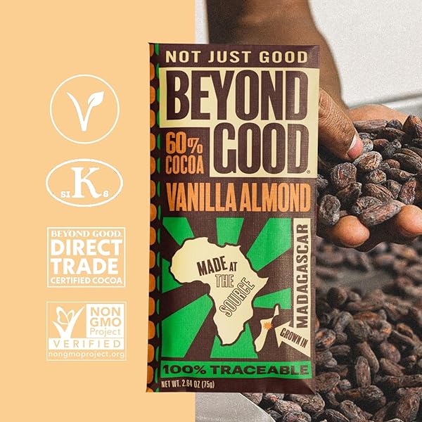 BEYOND GOOD CHOCOLATE BARS | VANILLA ALMOND DARK CHOCOLATE | ORGANIC, DIRECT TRADE, VEGAN, NON-GMO | SINGLE ORIGIN MADAGASCAR DARK CHOCOLATE