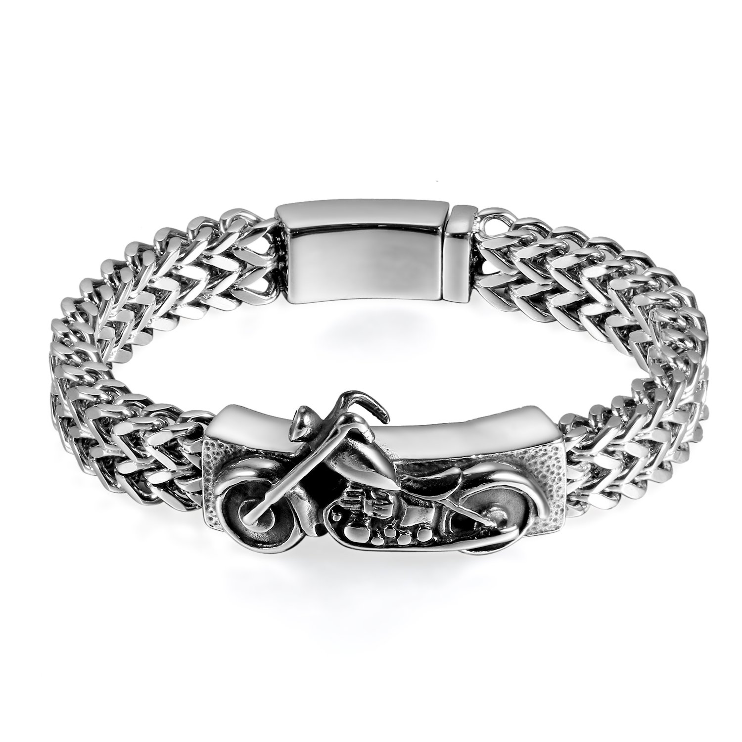 JewelryWe Men's Vintage Gothic Casting Locomotive Charm Bracelet High Polished Motorcycle Biker Chain Stainless Steel Bracelets