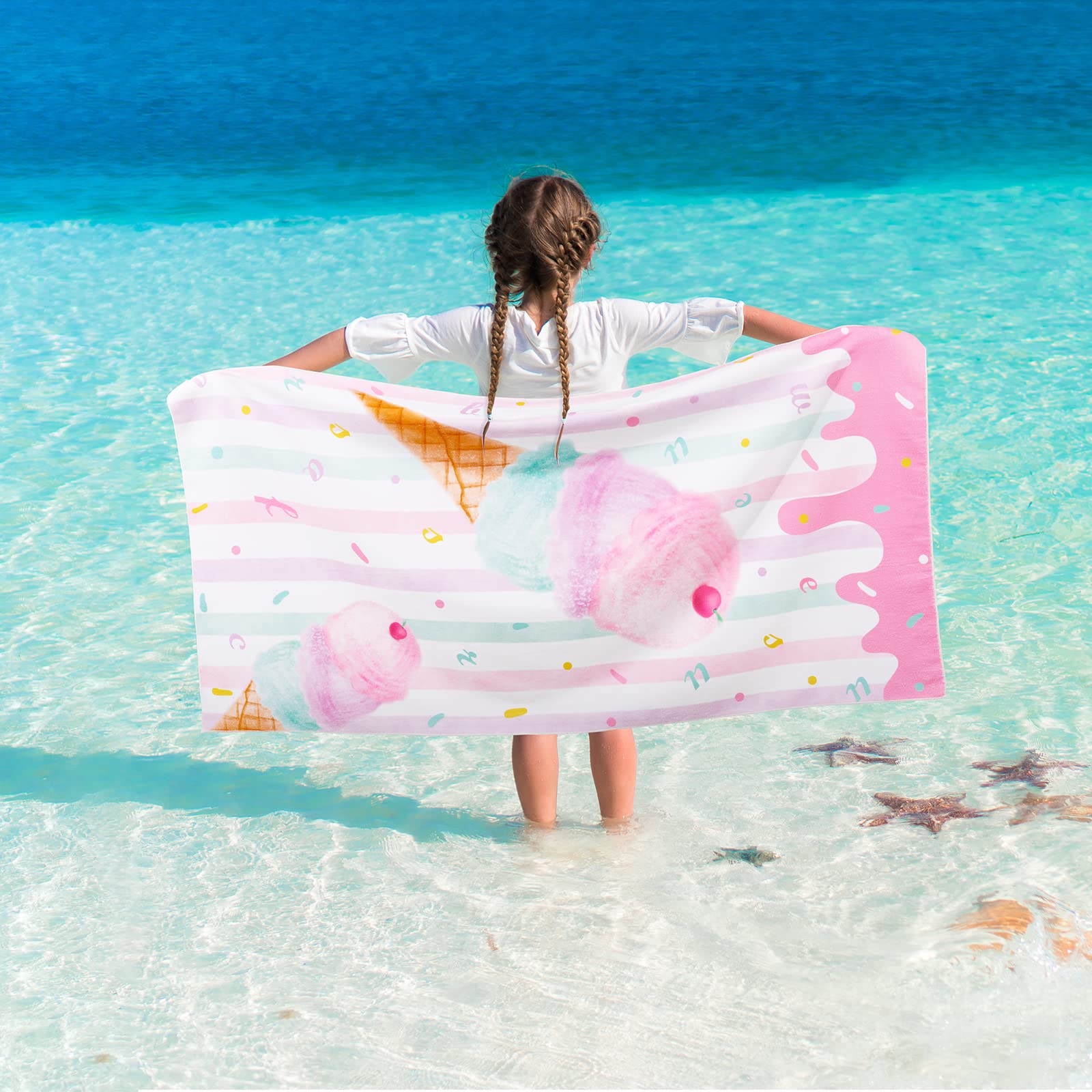 WERNNSAI Kids Beach Towel for Girls - 76 x 150cm Ice Cream Sand Free Swim Towels for Girls Bath Pool Camping Travel Towel Quick Dry Ultra Absorbent Super Soft Beach Blanket Bath Shower Towel — image 1
