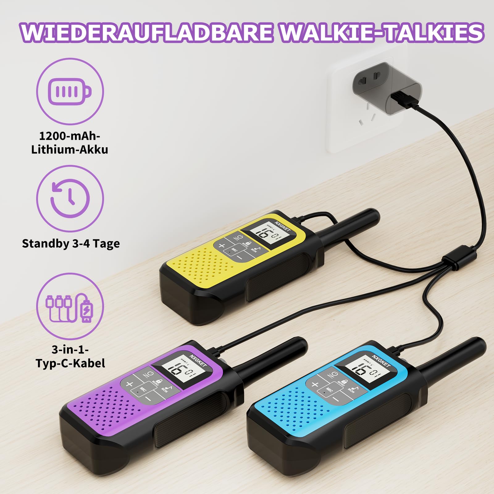 Walkie Talkie 3er Set, NXGKET Walki Talki für Kinder Erwachsene, Große Reichweite 5km Funkgeräte Set mit 1200mAh Aufladbar Akku, 16 Kanal VOX Walky Talky für Camping, Freien, Skifahren, Wandern 4