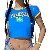 Vintage Brazil Baby Tees for Women Football Soccer Baby Cheerleader Crop Top Y2K Brasil Jersey