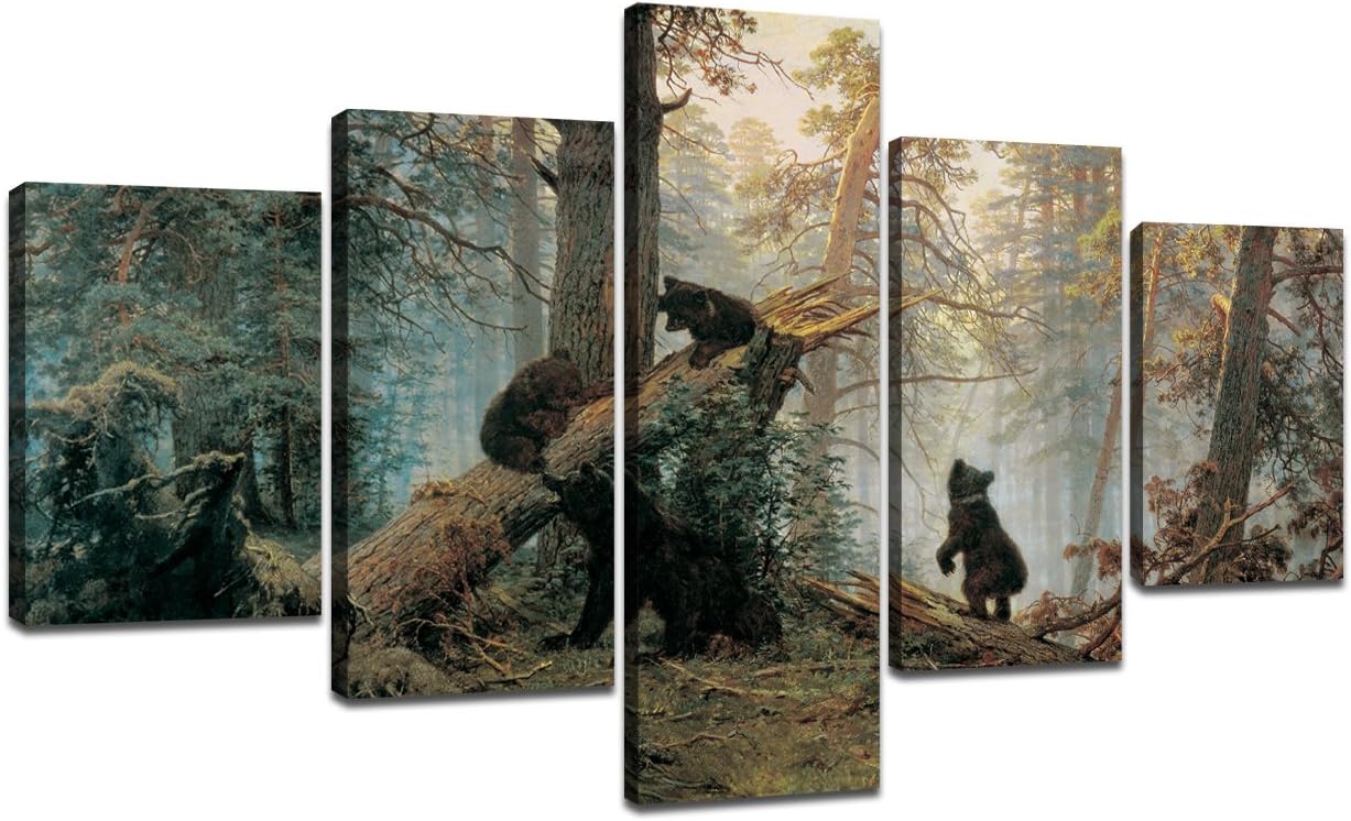 Ivan I. Shishkin Giclee Canvas Prints Black Bears Playing on Fallen Broken Trees Painting Modern Home Decor Stretched and Framed Ready to Hang (70''W x 40''H)