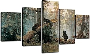Ivan I. Shishkin Giclee Canvas Prints Black Bears Playing on Fallen Broken Trees Painting Modern Home Decor Stretched and Framed Ready to Hang (70''W x 40''H)