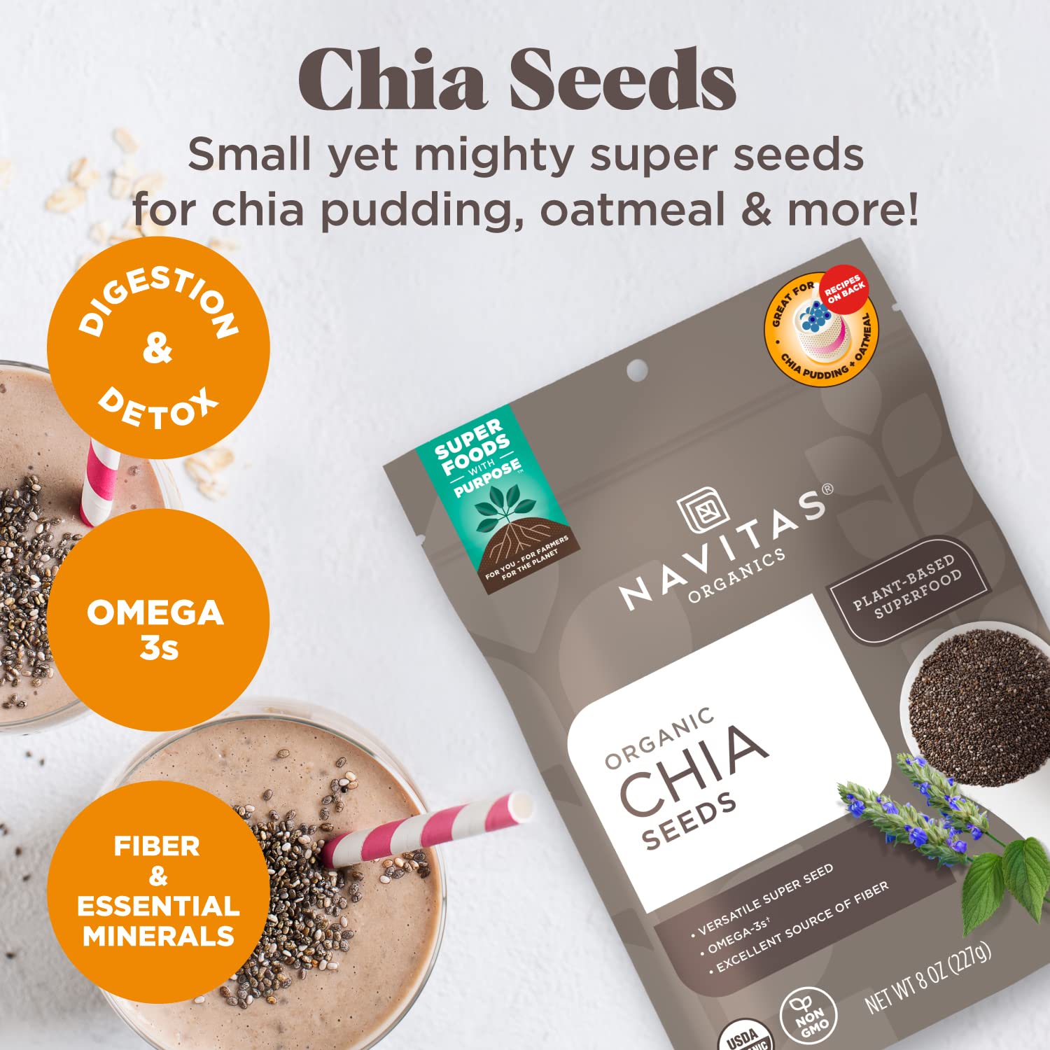 Navitas Organics Chia Seeds – For Chia Pudding, Smoothies, Baking, Salads & More – Omega 3, Fiber, Minerals - USDA Organic, Non GMO, Kosher, Gluten Free, Keto (16oz. Bag, 15 Servings)