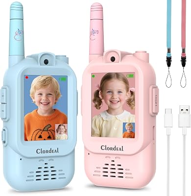 Vidéo Talkie Walkie Enfant Longue Portée Rechargeable, Cadeau Garçon et Fille 3-12 Ans, Écran LCD 2", Appel Vidéo, 6 Effets Vocaux, Appareil Photo, 23 Émoticônes, Bleu et Rose, Pack de 2