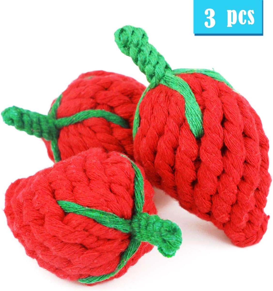 UPlama 3 PCS Strawberry Dog Teething Toys, Cotton Pet Rope Chew Toys, Cute Teeth Cleaning Toys, Biting Rope Dog Toys