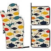 Cute Fish Oven Mitts and Pot Holders Set,Boho Kitchen Decor Heat Resistant Non Slip Hot Pads and Oven Mitt for Chef Cooking Baking BBQ Mom Girl Gifts(4 Piece Set)