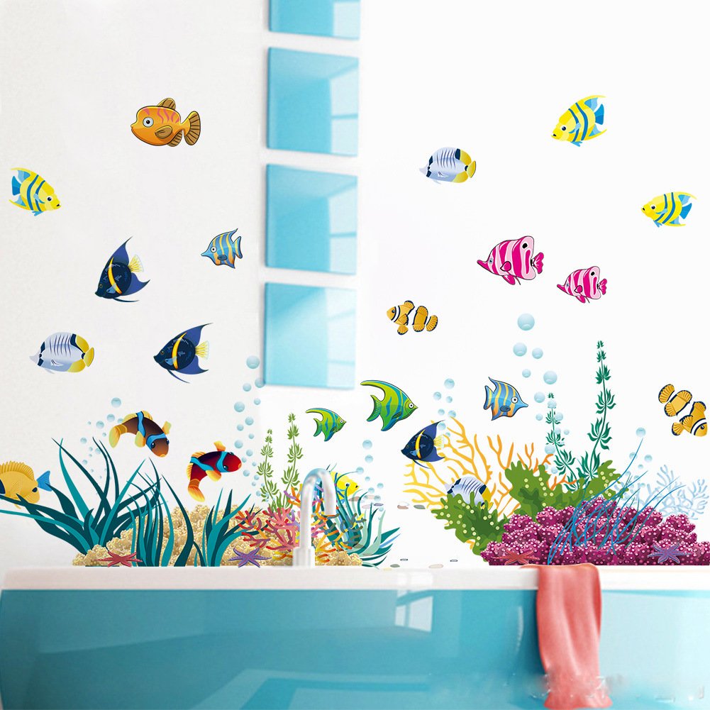 Sotto il mare con il blu profondo mare pesci decorativi adesivi da parete in vinile adesivi