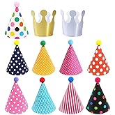 ELakiss 11PCS Birthday Party Cone Hats - Pom Poms,Lovely Cake Cone Birthday Paper Hats,Lovely Crown,For Kids and Adults Decorations (9 hats and 2 crowns)