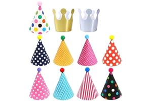 ELakiss 11PCS Birthday Party Cone Hats - Pom Poms,Lovely Cake Cone Birthday Paper Hats,Lovely Crown,For Kids and Adults Decorations (9 hats and 2 crowns)