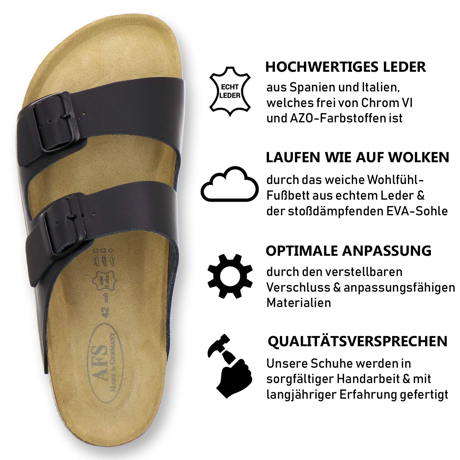 AFS-Schuhe 3100 Bequeme Pantoletten für Herren Leder, Hausschuhe Freizeitschuhe, Made in Germany (43 EU, Schwarz) 3