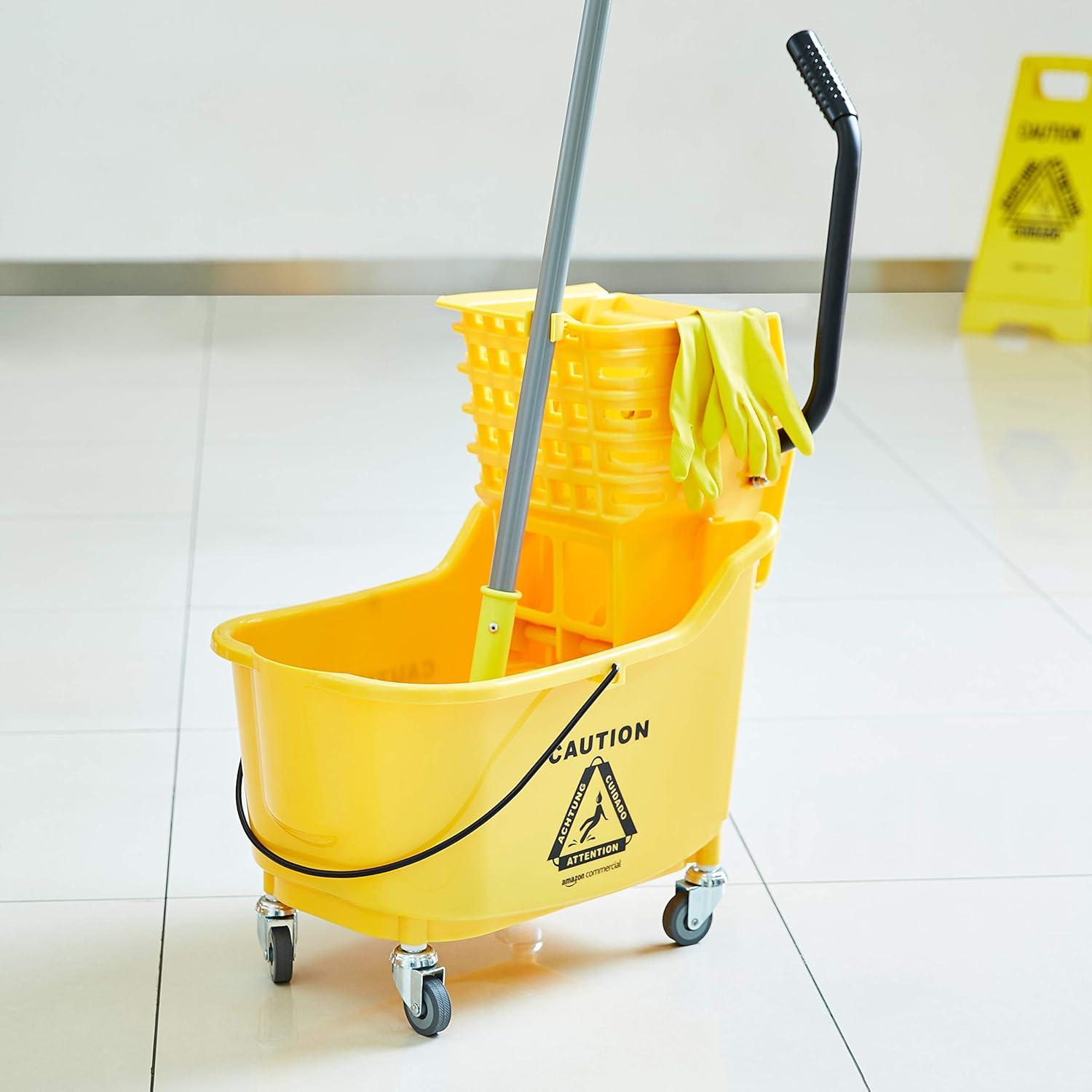 Basics Side Press Wringer Combo Commercial Mop Bucket on Wheels, 35 Quart, Yellow: Industrial & Scientific
