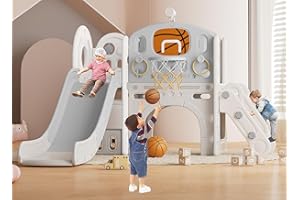 MOOITZ Toddler Slide, 8 in 1 Toddler Indoor Outdoor Playset with Slide, Climber, Basketball Hoop and Ball, Tunnel Crawl, Telescope and Storage Space, Kids Playground Sets for Backyards & Indoor