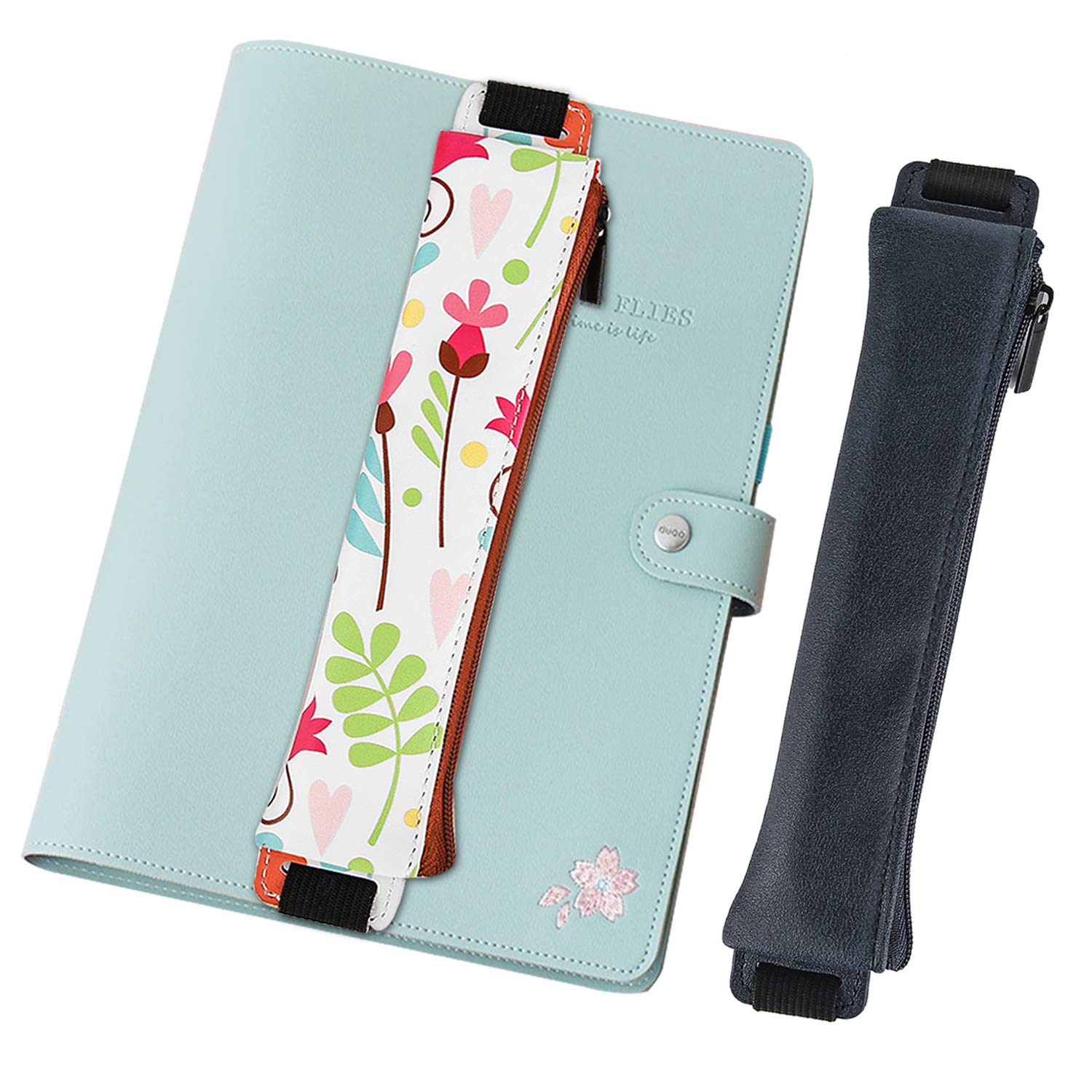 MoKo Pencil Case (2 Pack), PU Leather Pen Pencil Pouch Holder Stationery Zipper Bag with Elastic Strap for Pens, Pencils, Markers, Eraser - Printing & Dark Blue