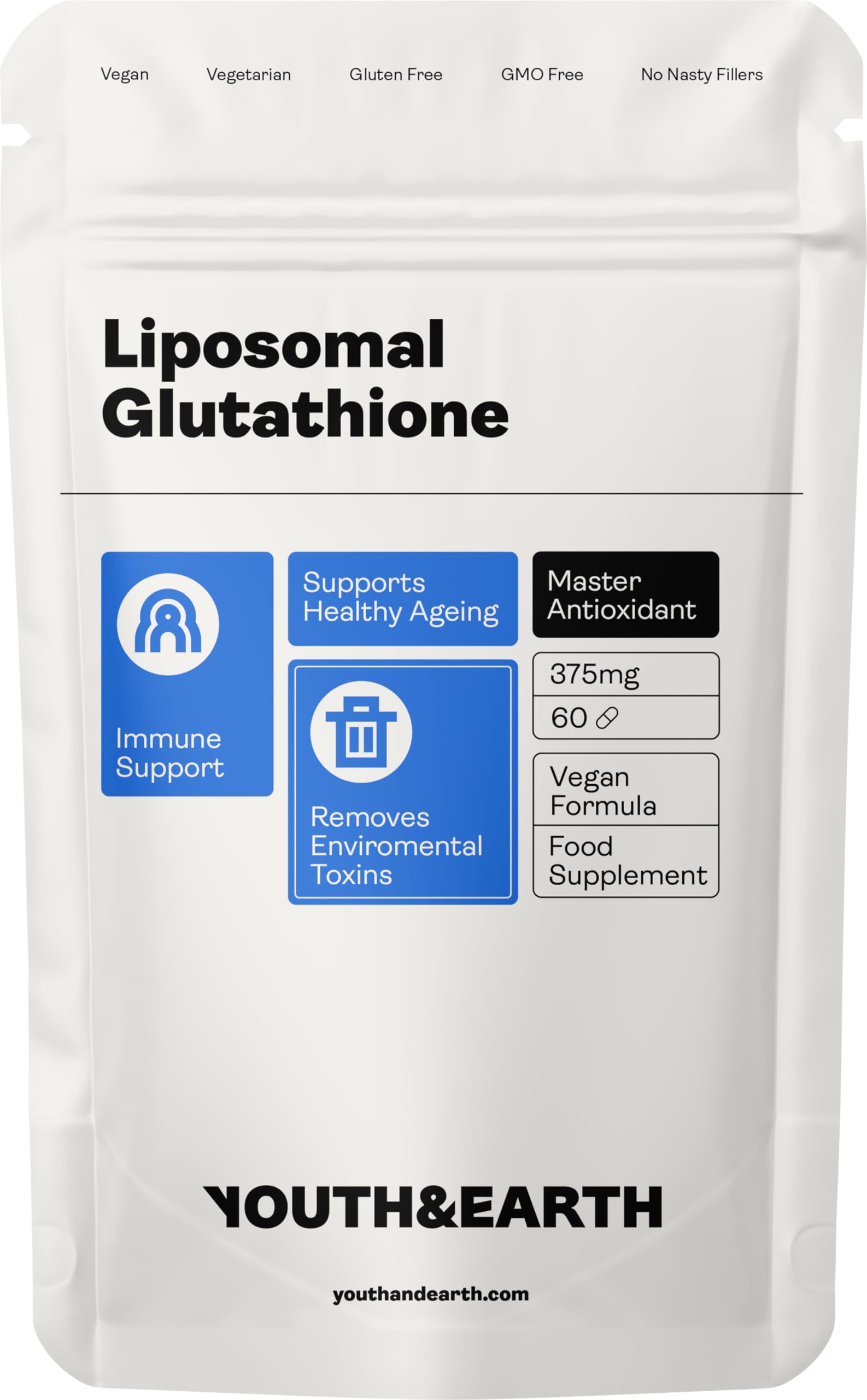 Youth & Earth Liposomal Glutathione Supplement - L Glutathione Capsules for Detox & Immune Support 375mg - 60 Capsules