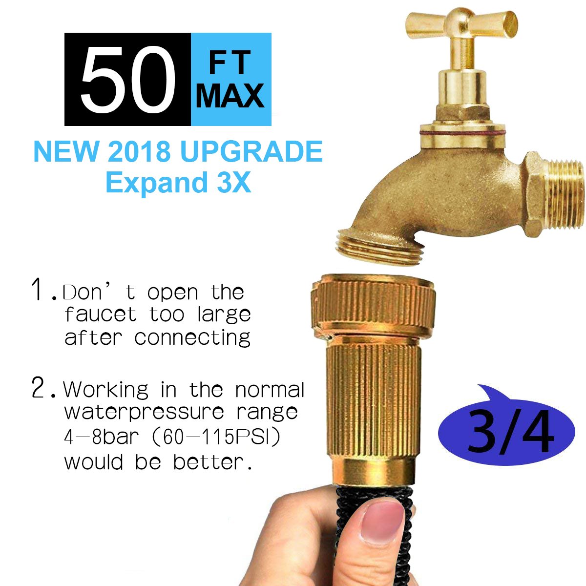 XBUTY New Version Garden Hose,50FT Expandable Water Hose 9 Patern Spray Nozzle,High Pressure Extra Strength Fabric Double Latex Core 3/4 Solid Brass Fittings with Carrying Bag