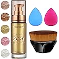 PHOERA Body Shimmer Oil,Bronzer Body Glow Oil Shimmer Highlighter Luminizer with Makup Bursh,Self Tanning Lotion,1oz/Jars (102 Metallic Gold)