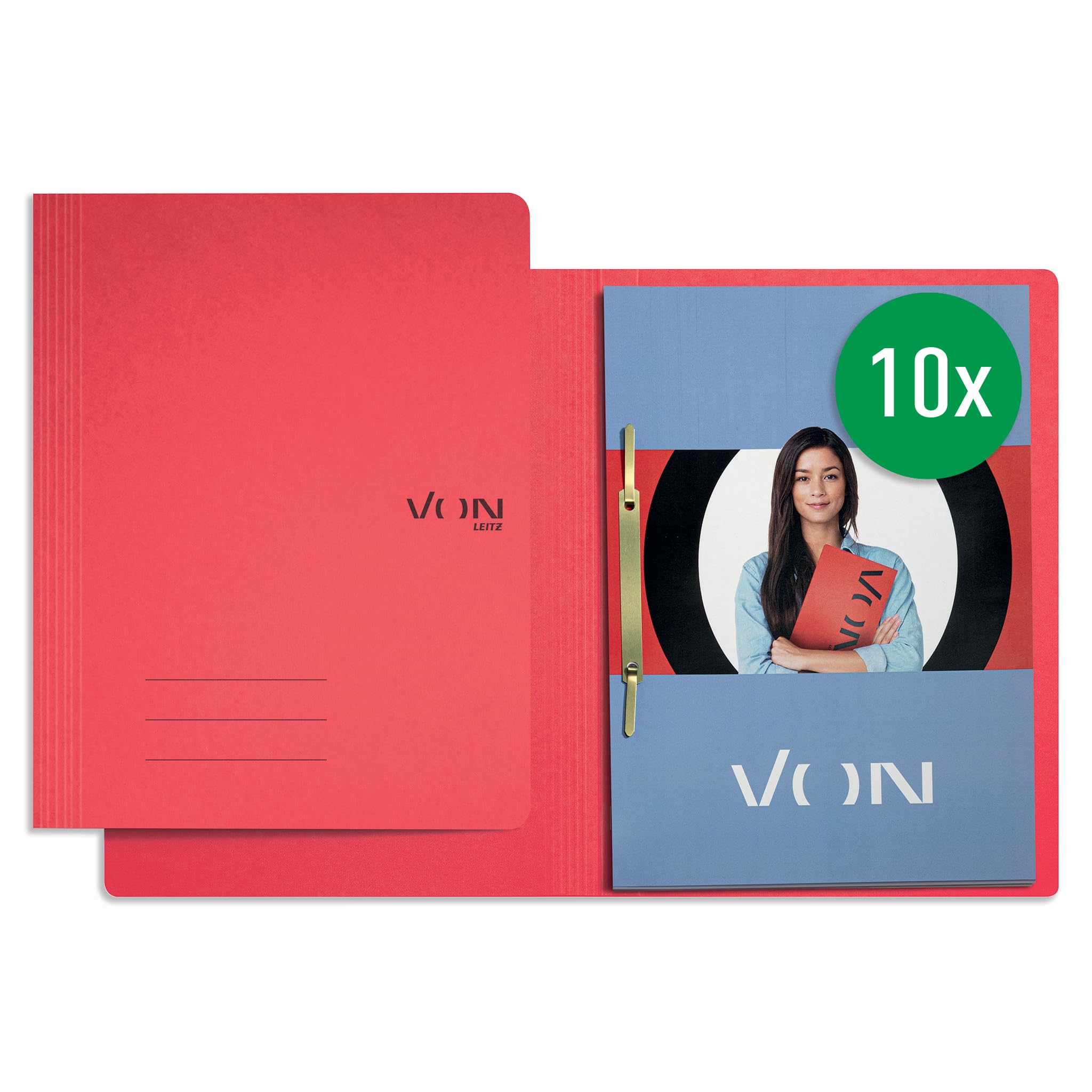VON Leitz 30130025 Pack of 10 A4 File Folders, Cardboard, with Stapling Mechanism, for 250 Sheets, with Soft Cover, for School, Study and Home, Red