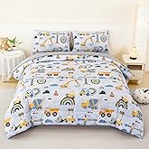 ANGIYUIN 5 Pieces Construction Twin Size Comforter Set for Boys Kids Cartoon Car Excavator Tractor Bed in A Bag with Sheets Ultra Soft Fluffy Bedding Set