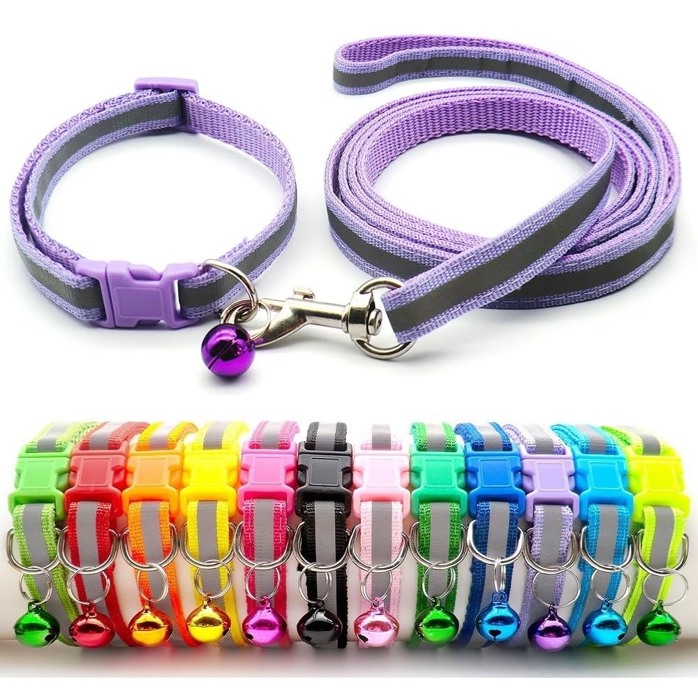 Small Dog Puppy Pet Collar and Lead Set Reflective Hi-Vis Strip Nylon Adjustable Size 19-32cm Collar with Bell and 120cm Leash Light Purple