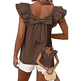 Falechay Womens Bow Tie Back Tops Round Neck Ruffle Short Sleeve Shirts Cute Babydoll Chiffon Tee Women Summer Trendy Tunic