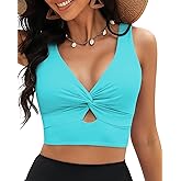 GRAPENT Bikini Tops for Women Cropped StrapCore Tankini Tops Beach Padded Knot Twist Cut Out Adjustable Swimwear Top Only