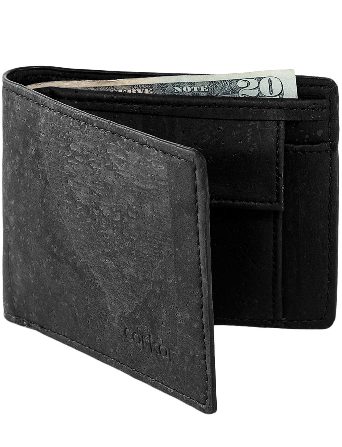 Corkor Cork Wallet for Men Coin Pocket RFID Blocking Vegan Non-Leather Eco Gift Black Color