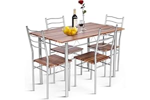 Giantex Modern 5 Piece Dining Table Set with 4 Chairs Metal Frame Wood Like Kitchen Furniture Rectangular Table & Chair Sets for Dining Room (Shallow Walnut)