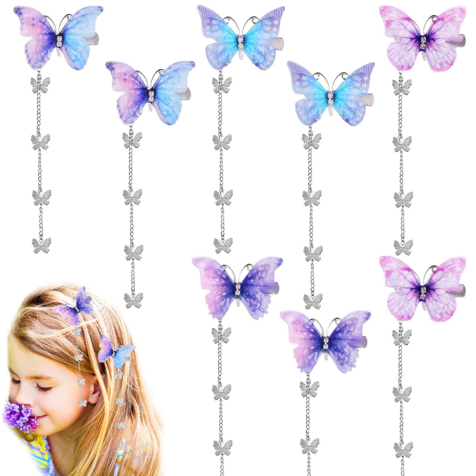 WLLHYF 8 Pieces Tassel Butterfly Hair Clips，Fabric Butterfly Hairpin with Detachable Tassel Cute Rhinestone Bobby Pins Antique Side Clip Hair Barrettes Accessories for Women Girls