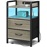 Lazzanto Night Stand Bedside Charger Bedroom - Grey Nightstand with Charging Station & LED Light Strip, Morden End Table with USB Ports & AC Outlets, Night Stand with Storage Shelf & 2 Fabric Drawers