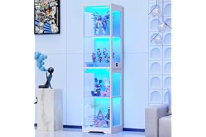 BROTTAR Glass Display Cabinet, 4-Tier Curio Cabinets with 3 Color Lights for Collectibles, Storage Cabinet with Door, Glass Display Case & Bookcase with Human Body Sensor, White