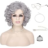 G&T Wig Old Lady Wig for Grandma Costume 100 Days of School Sliver Grey Curly Granny Wig For Old Women’s Cosplay Party Halloween Use (5pcs Set)