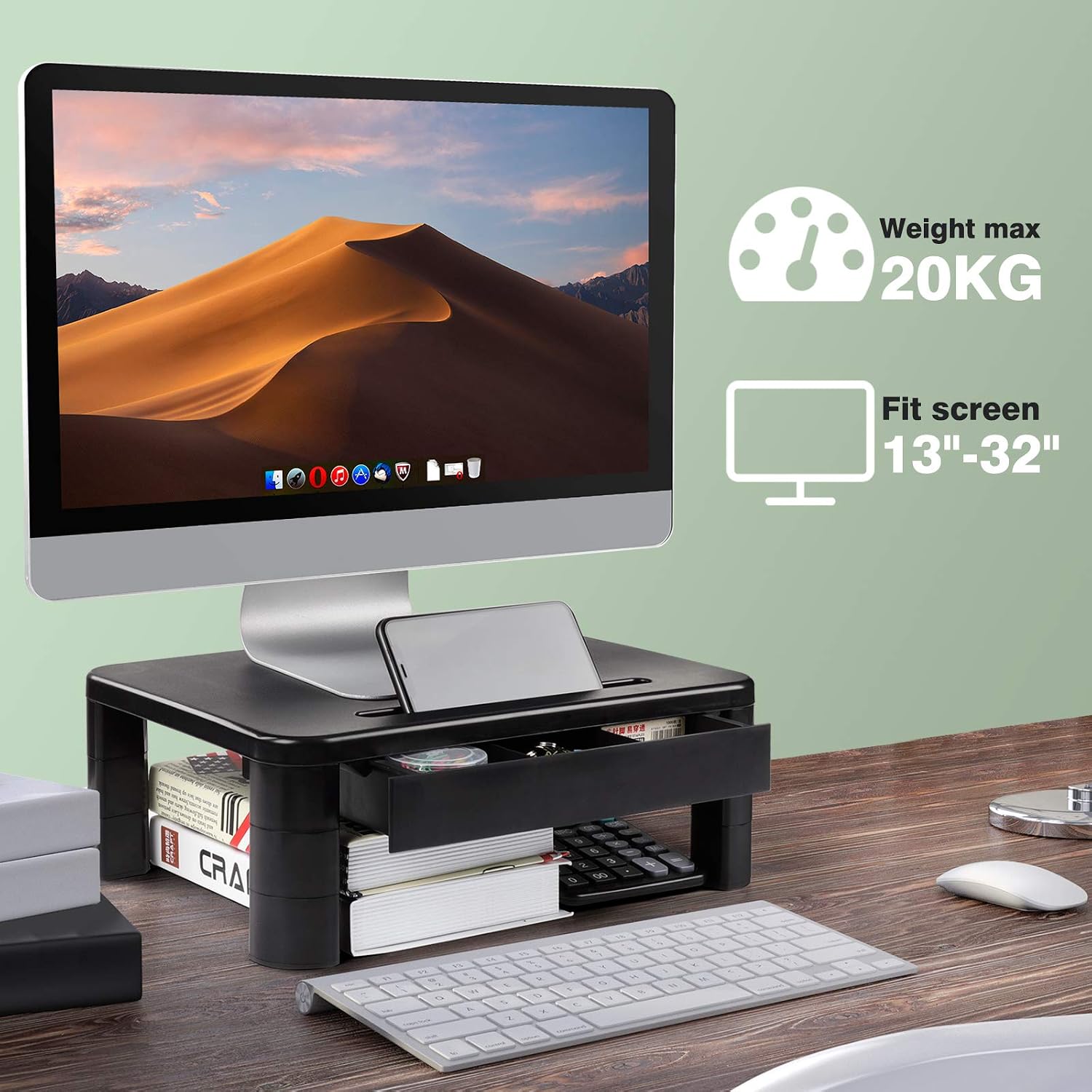 LORYERGO Monitor Stand for Desk, Height Adjustable With Drawer, Computer Riser With Cellphone Holder - Image 3