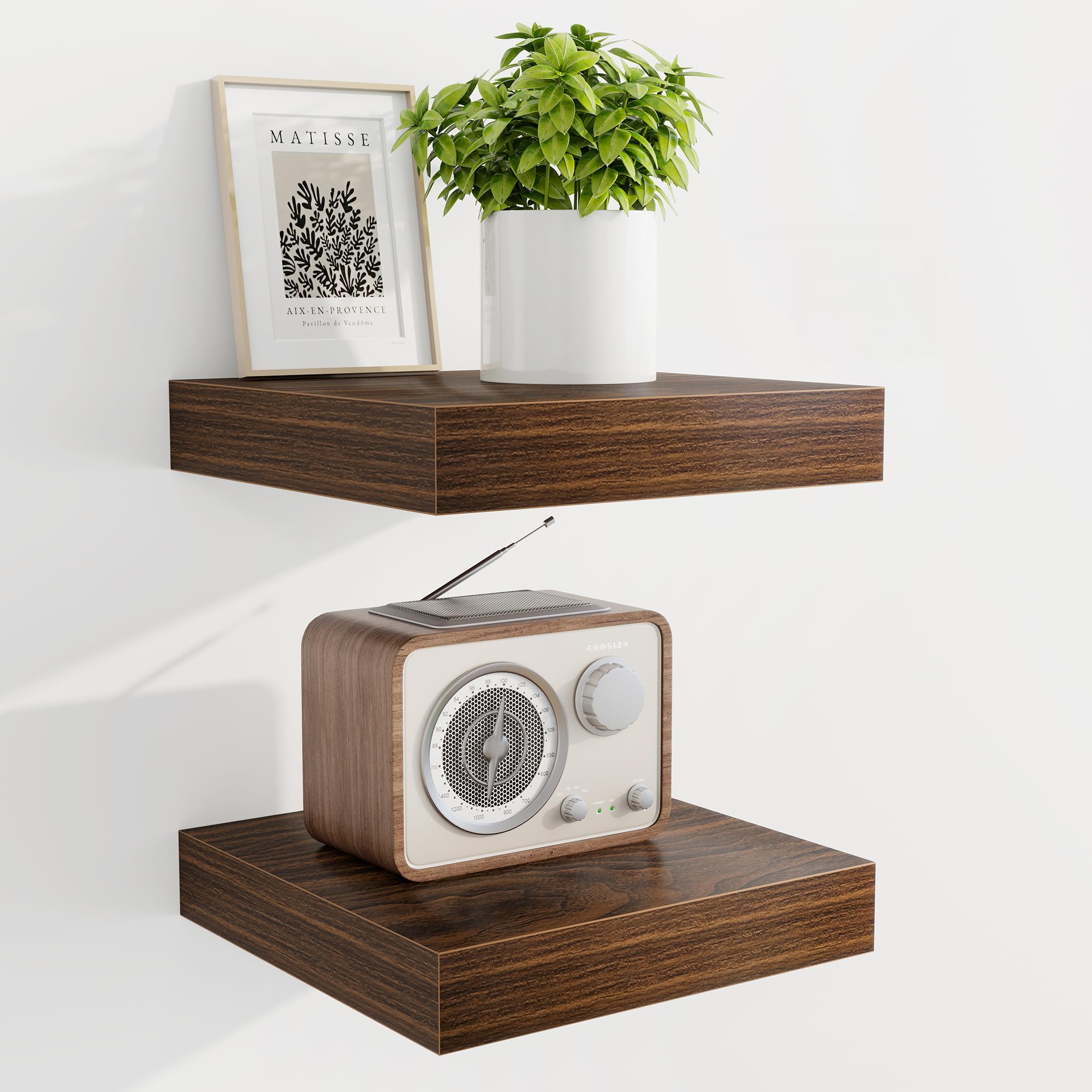 Marsmiles 6.7" Floating Shelves for Wall, Wooden Shelves with Invisible Brackets Set of 2, Rustic Farmhouse Wall Mounted Shelf for Kitchen Bathroom Living Room Study, Walnut