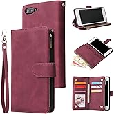 UEEBAI Wallet Case for iPhone 7 Plus/iPhone 8 Plus, PU Leather Case Magnetic Closure Handbag Zipper Pocket Case Kickstand Card Slots with Hand Strap Marple Flip Case for Women - Wine Red