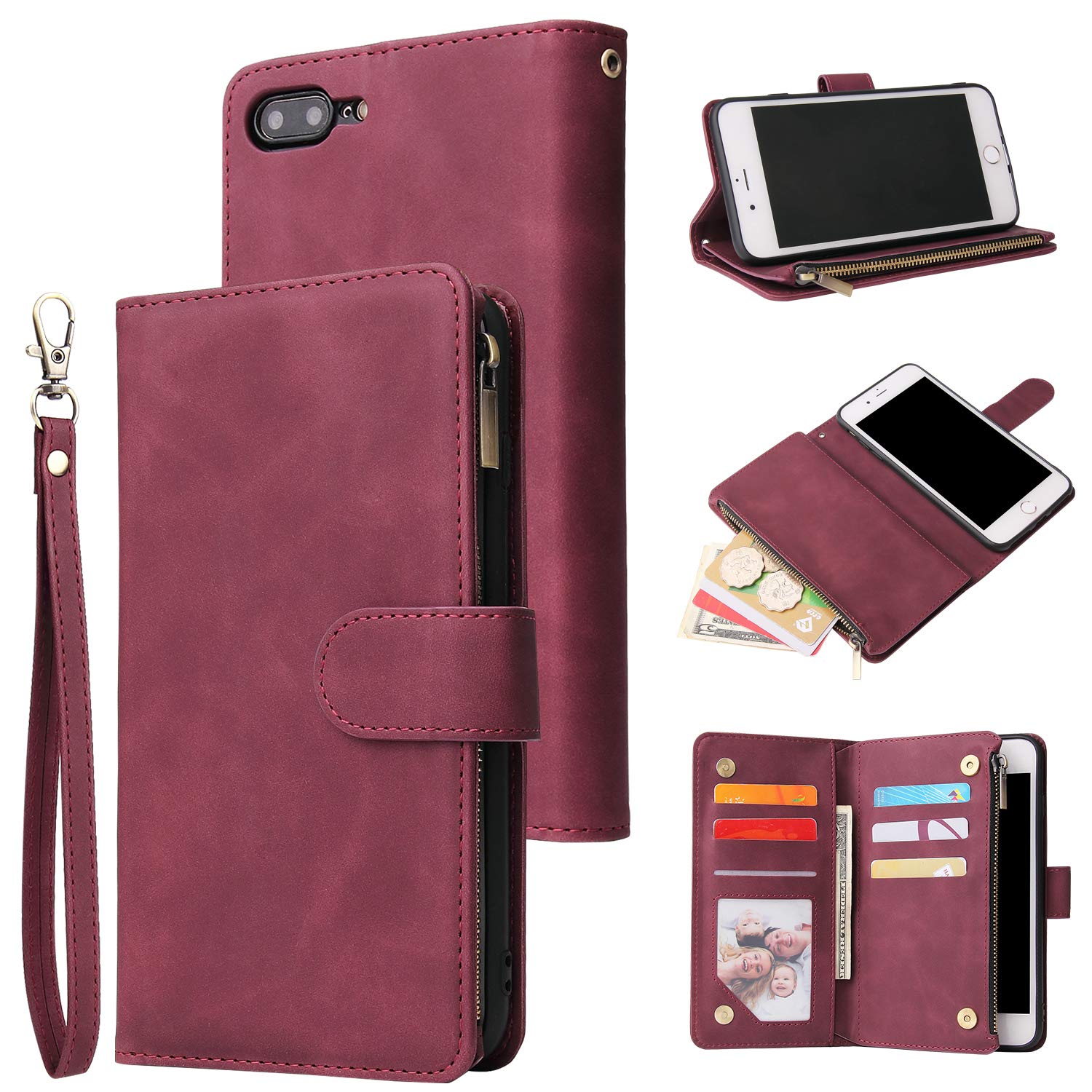 UEEBAI Wallet Case for iPhone 7 Plus iPhone 8 Plus,Premium Vintage PU Leather Magnetic Closure Handbag Zipper Pocket Case Kickstand Card Holder Slots Wrist Strap TPU Shockproof Flip Cover - Wine Red