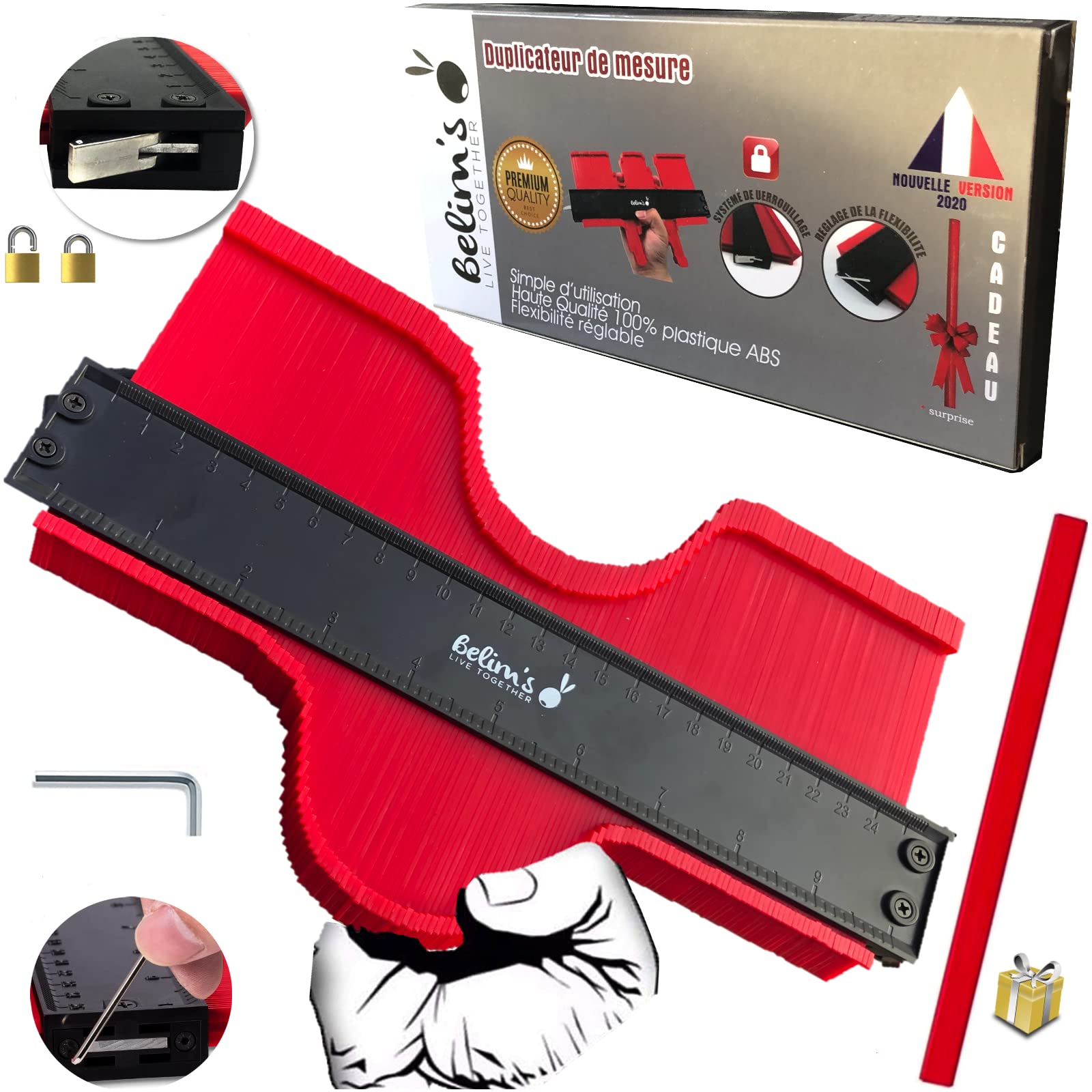 XXL Lockable Contour Gauge - Metal Lock - Contour Copier - Cutting Jig - Profile Duplicator - Shape Protractor - Measuring Tool Kit for Flooring Tiles