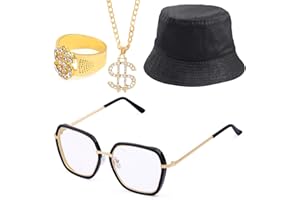 Beelittle 80s/90s Hip Hop Costume Kit Cool Rapper Outfits,Bucket Hat Sunglasses Gold Plated Chain