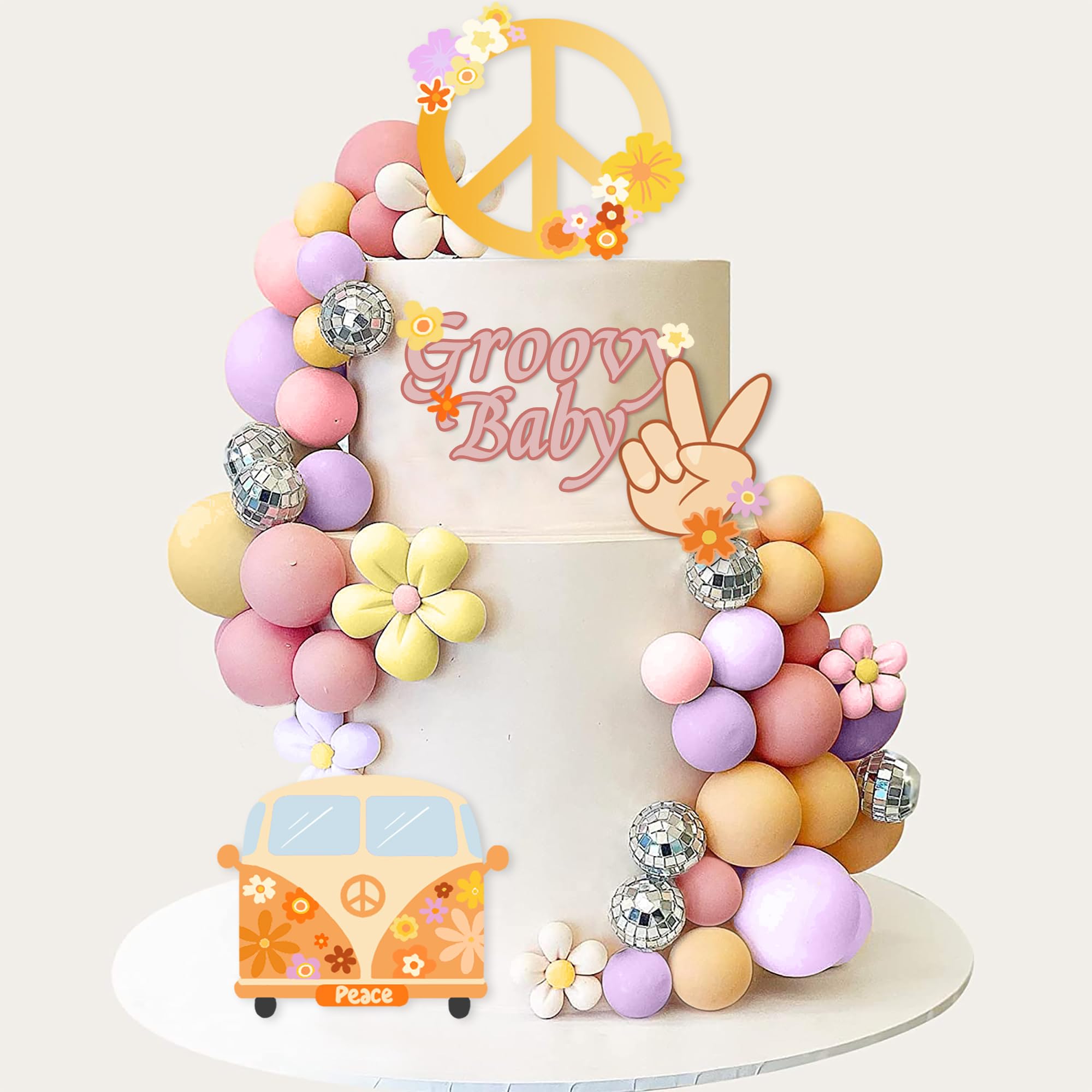 Photo 1 of 45 PCS Groovy Cake Toppers Boho Cake Topper Hippie Party Decorations with Flower Bus for Girl Birthday Party Boho Groovy Party Supplies (Style 1)