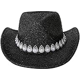 QWINEE Women's Rhinestone Cowboy Hat Wide Brim Western Costume Party Cowgirl Hat