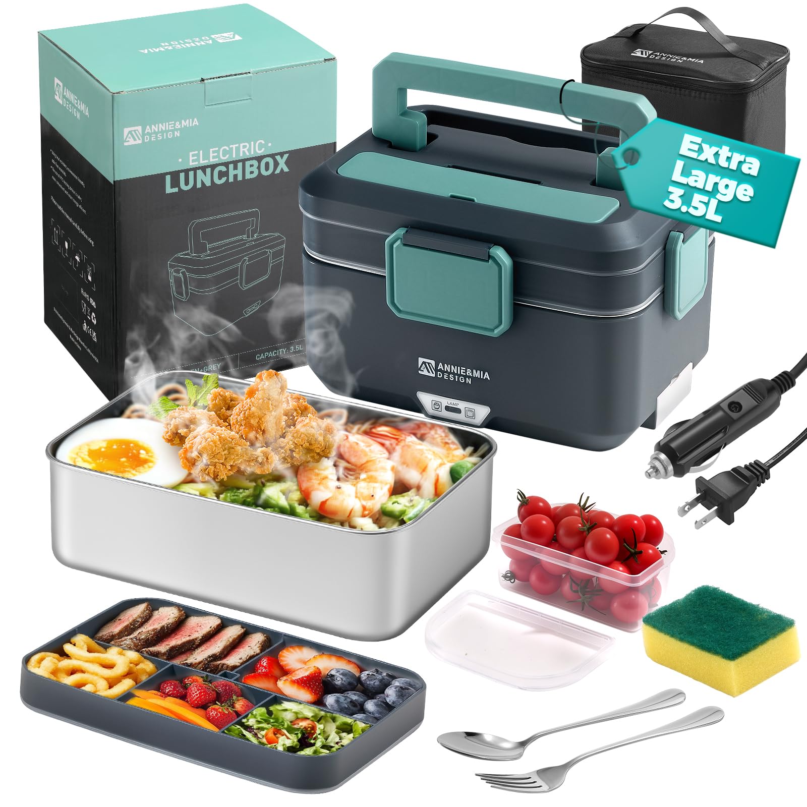 Photo 1 of **MISSING PARTS - Missing the charger**
Annie & Mia Design Electric Lunch Box for Adults, 100w 3.5L 2-Layer Portable Food Warmer, Dual Mode 2.5L + 1L Heated Lunch Box for Adults, Home/Car/Office/Truck Use, Lonchera Eléctrica Portátil
