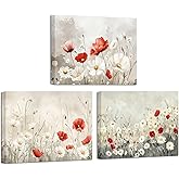ChaudArt 3 Pieces Red and White Poppies Flower Wall Art Bathroom Wall Decor Poppy Painting Print Pictures Floral Artwork For 