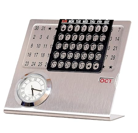 Krishna SS pack of 2 Table Calendar with Clock | Desktop Calendar with Clock | table calender 2019 for office | 2019 calendar desk office | Metal Table Calender with Clock for Home, Office & Corporate Gift (11cm X 10cm X 4cm)