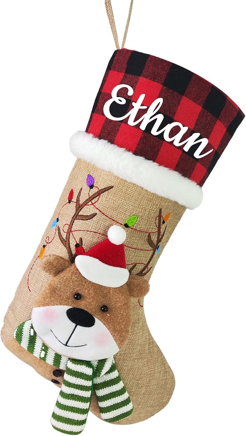 Stockings & Holders - Funny DIY Personalized Christmas Stocking with Name, Custom Christmas Stockings, Customized Xmas Decor Gifts for Family Kids, Christmas Holiday Party Decoration - 3D Reindeer Stocking