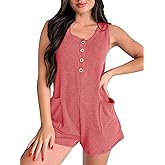 YOKGO Summer Rompers for Women Casual Short Jumpsuits Striped Scoop Neck Button Down Sleeveless Tank Rompers with Pockets