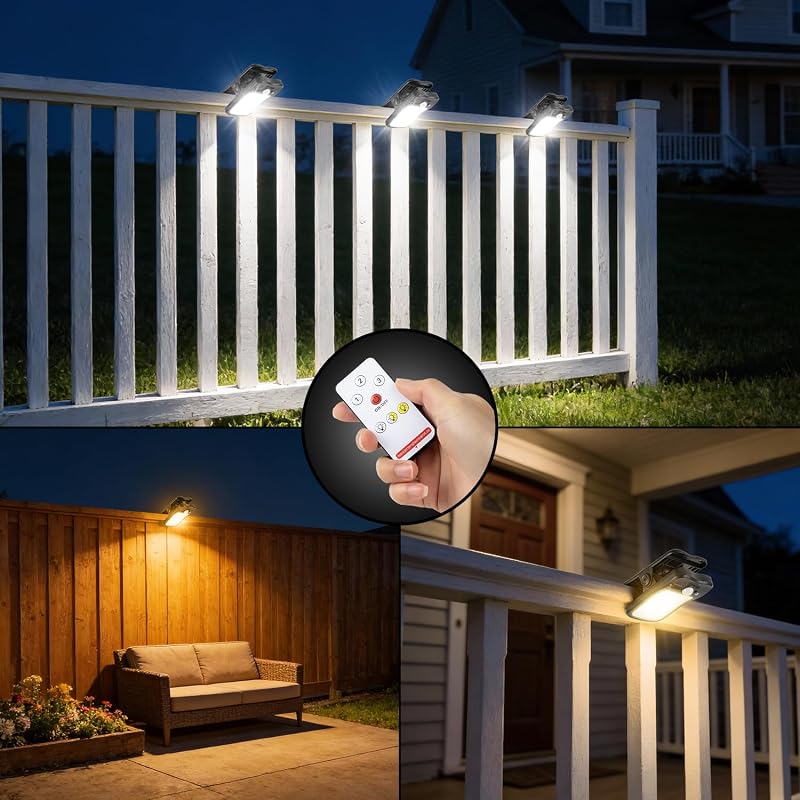Luz Solar Exterior con Pinza - Lámparas Solares con Sensor de Movimiento 800LM Foco Solar 3 Modos & 3 Colores Luces Solares con USB y Control Remoto Impermeable para Valla Jardines (4 Piezas) — foto 2 de 8