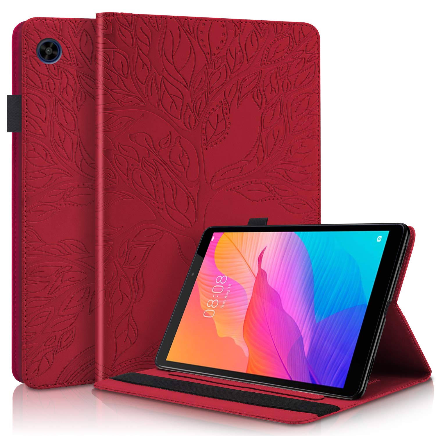 CaseFun Case for Huawei MatePad T8 8,0 inch 2020 Slim PU Leather Tree of Life Flip Wallet Stand Cover Anti Slip with Pencil Holder Card Holder, Red