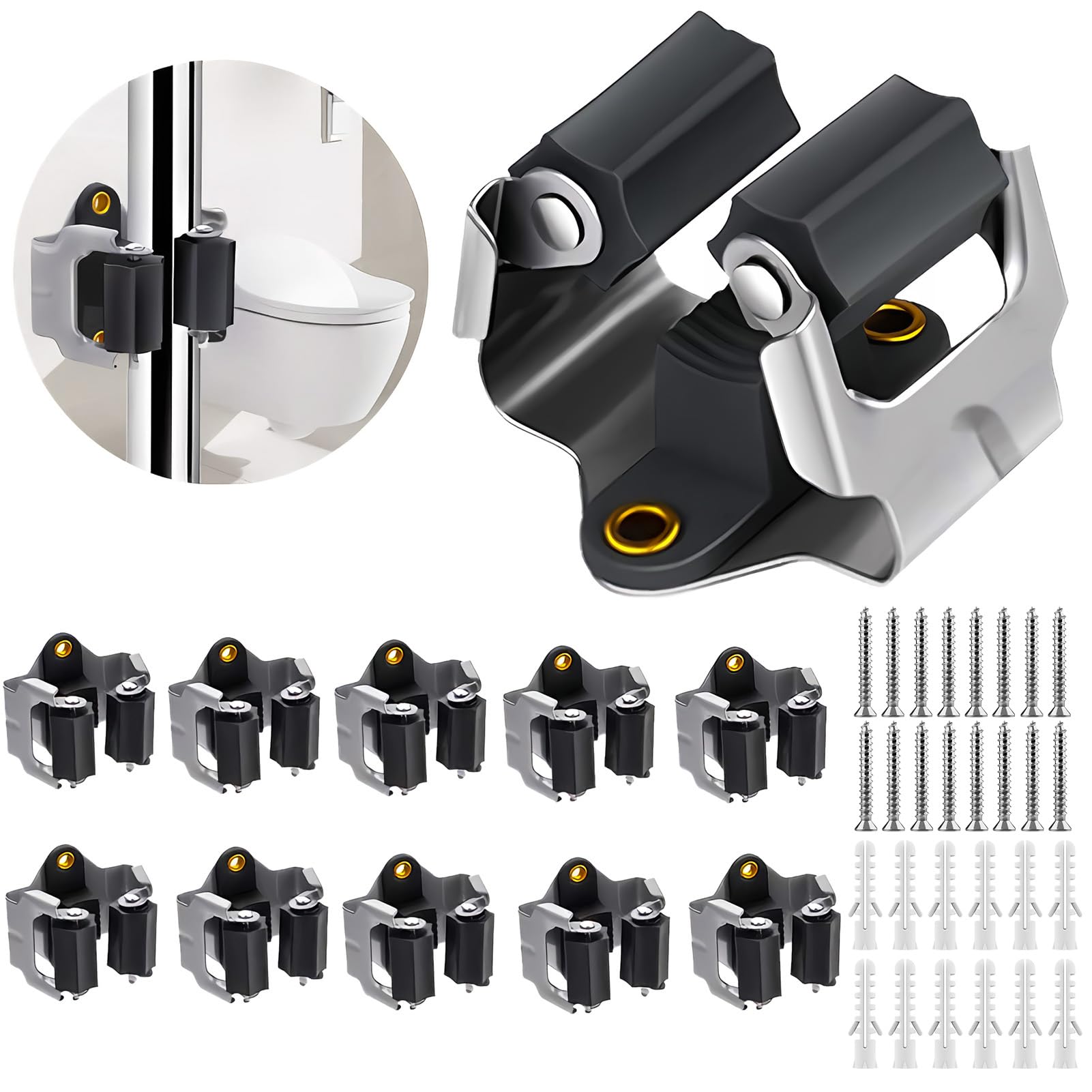 3-H Mop Holder 10 Pack,Brush Holder,Broom Holder Wall Mounted for Kitchen Bathroom Laundry Room Shed Garage Garden(Black)