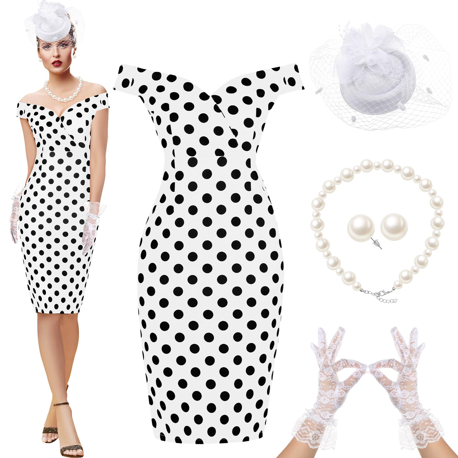 Photo 1 of JenPen 5 Pcs Women's Vintage Tea Party Polka Dot Dress Retro Pencil Dress Sets for Derby 1950s Cocktail Opera Evening Cosplay(XL,White)