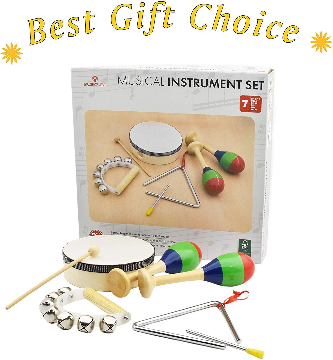 MUSICUBE 7 Pcs Kids Wood Musical Instruments, Percussion Set with Drums for Kids Children Musical Toys for School, Music Center: Toys & Games